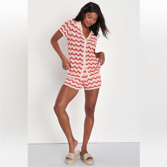 Lulus Savvy Selection Cream Multi Chevron Crochet Top make waves knit sweater - Picture 10 of 11